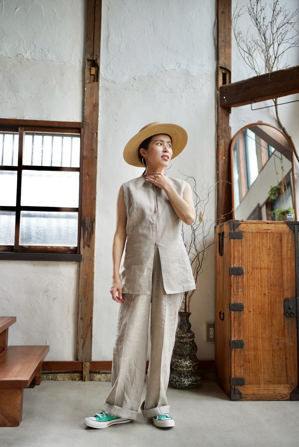 フレンチエアリーリネン　ダブルジップジレ